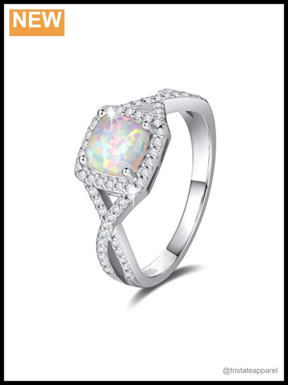 Sterling Silver Created Opal Halo Engagement Ring with Cubic Zirconia, Size 6
